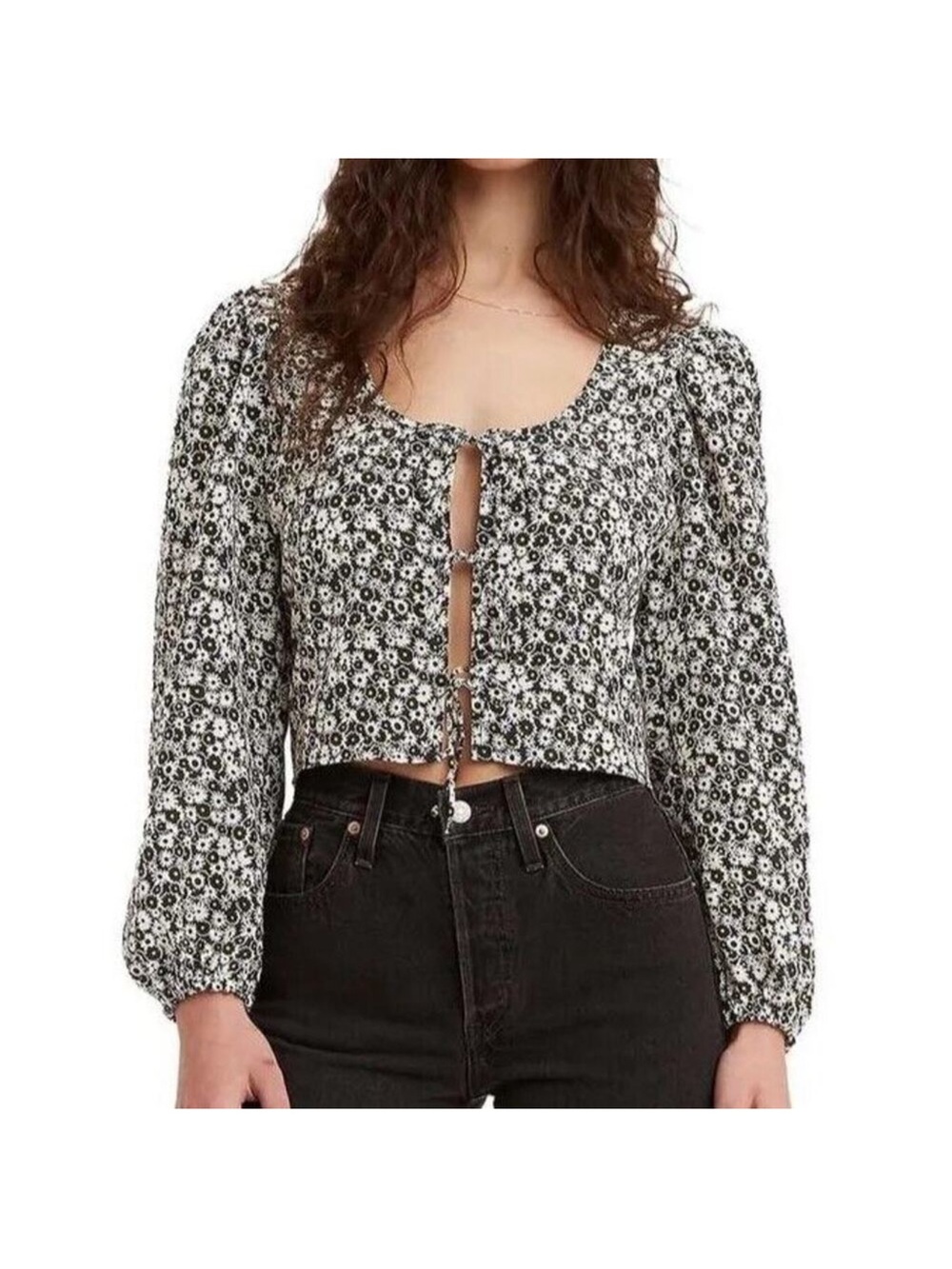 Levi's Embry Tie Front Blouse 2X Puff Balloon Sleeve Cropped Crop Top Floral